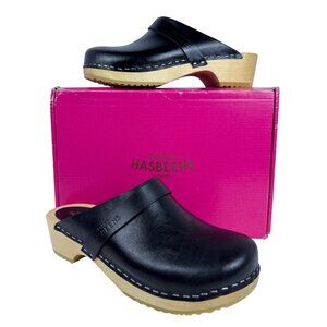 Swedish Hasbeens Women's Husband Black Leather Wooden Sole Clogs EU 38, US 8M